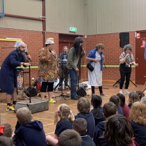 Just Add Music JAM Band performing at East Para Primary School Adelaide South Australia Nick Russell Eve Mac Mark Curtis Natalie Cruse Nina Verlingieri dressed up as old people