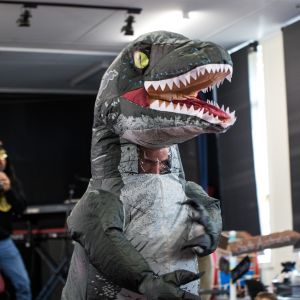 A grey dinosaur costume from a JAM Band show in Adelaide South Australia