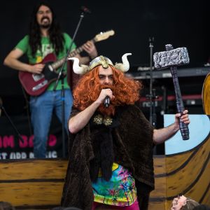 Nick Russell from JAM Band dressed as a viking and singing at a performance in Adelaide South Australia