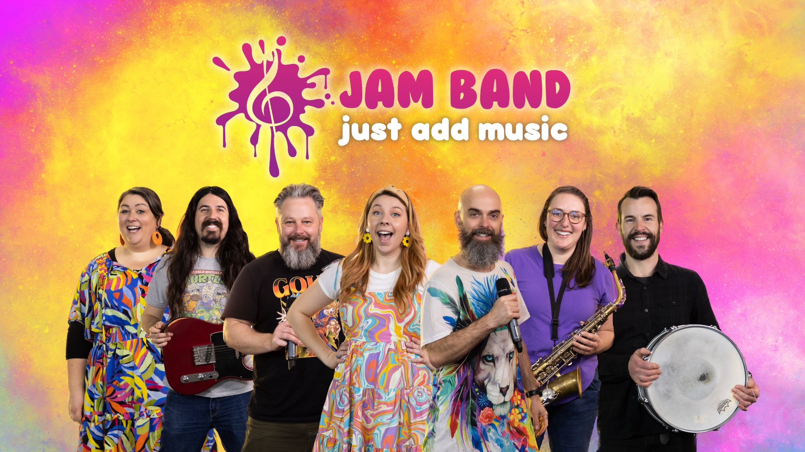 Eve Ormsby Mark Curtis Jono Ruse Mikala Wood Nick Russell Nat Cruse Elijah Maddern JAM Band just add music adelaide south australia saxophone guitar drums microphone